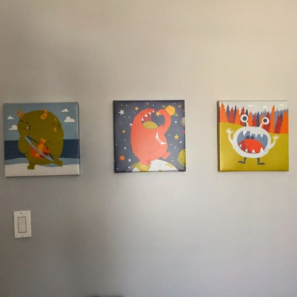 Aliens Monsters Canvas Wall Art 3 Print Set Kids Baby Boy Girl Room Decor